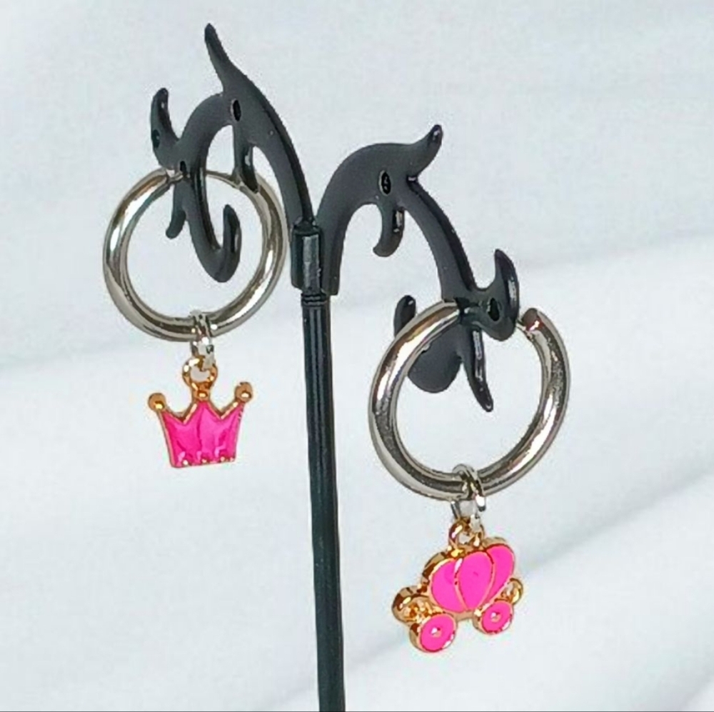 Silver Hoops Interchangable Pearl & Hot Pink Enamel Charms Mod 1960s Dopamine - Picture 2 of 10